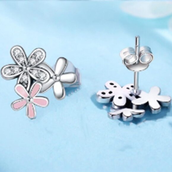Elegant Pink Enamel Floral Sterling Silver Stud Earrings - Picture 3 of 6